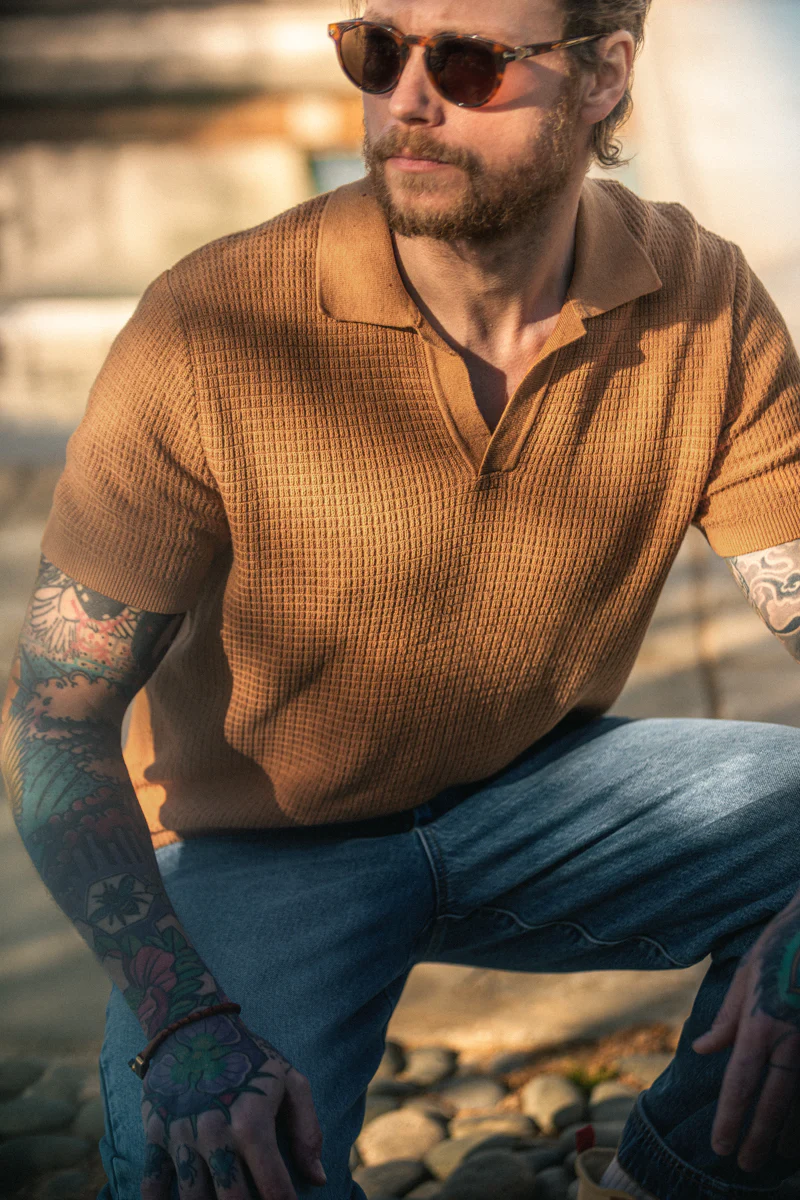 SALVAGE STOCK &SONS Rialto Knitted Polo Tan - Image 9